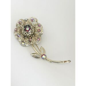 Sarah Coventry large filigree flower gold tone pink ab rhinestones